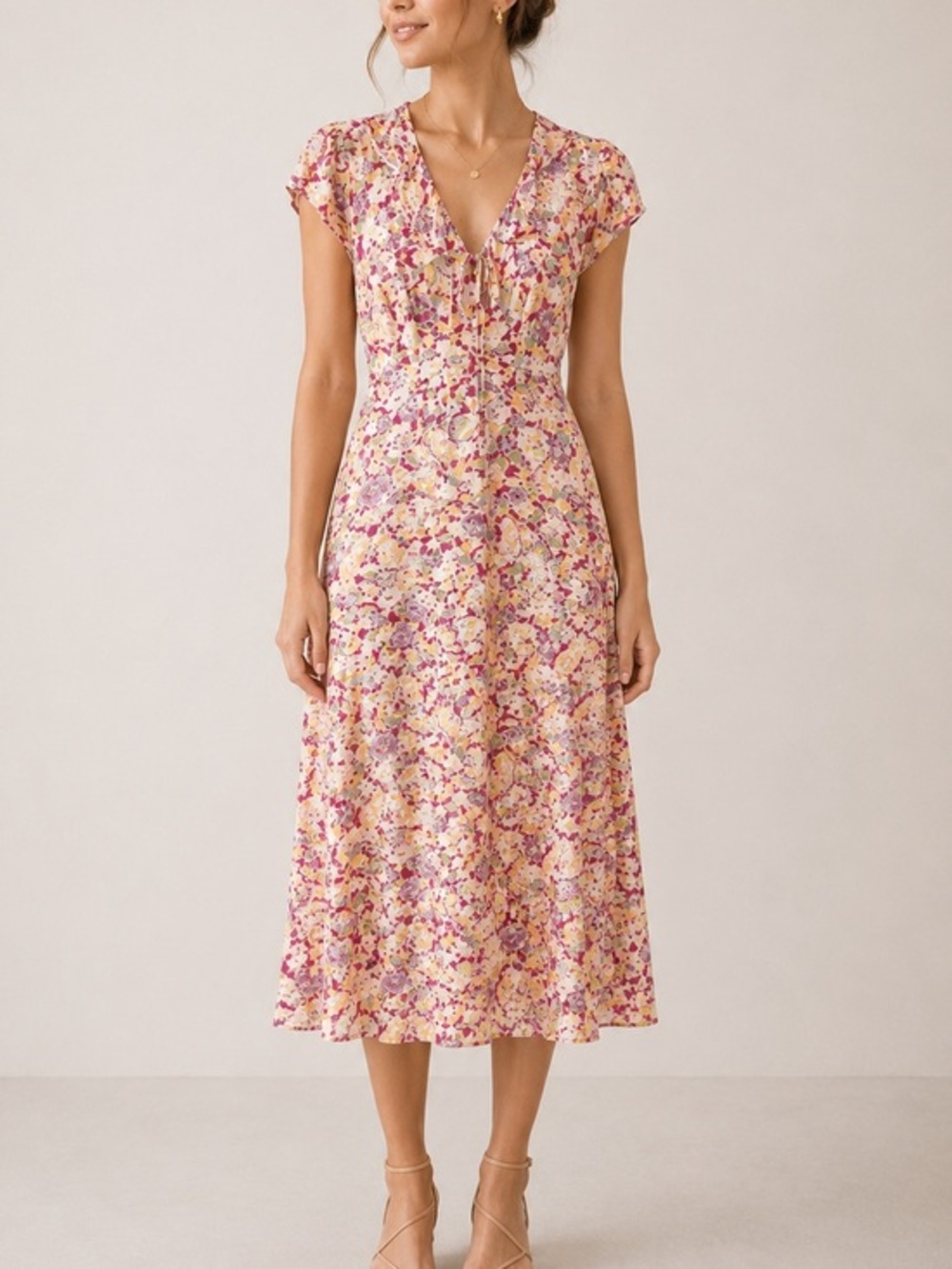 Rixo Jenna Floral Multicolor Gold Red Satin Summer Meadow Midi Dress